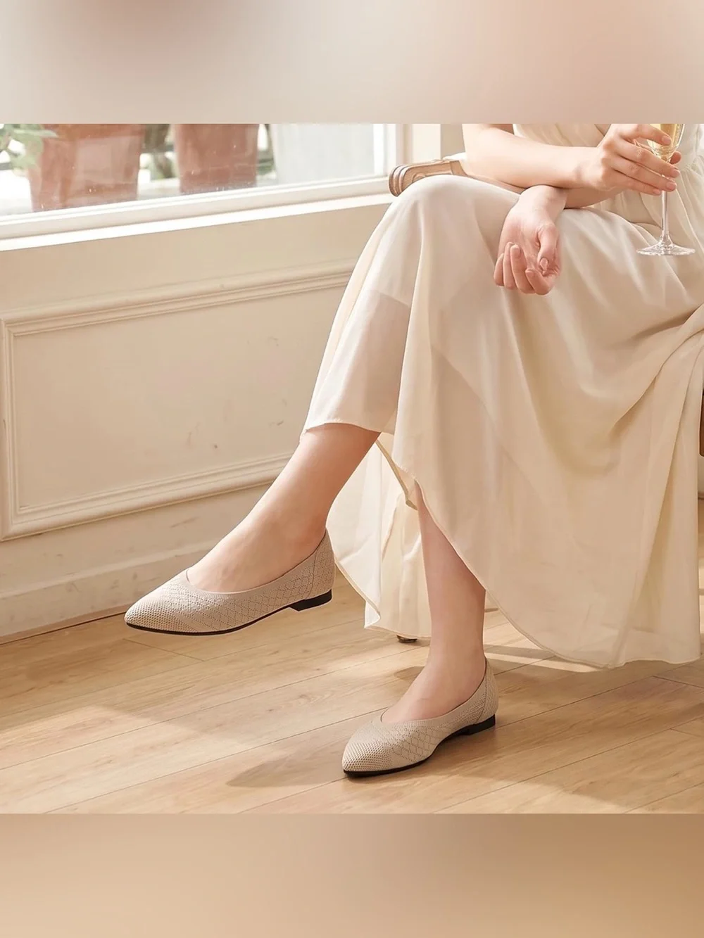 Aomigoct Women’s Size 9 Pointed Toe Knit Ballet Flats Beige Cushioned Slip On